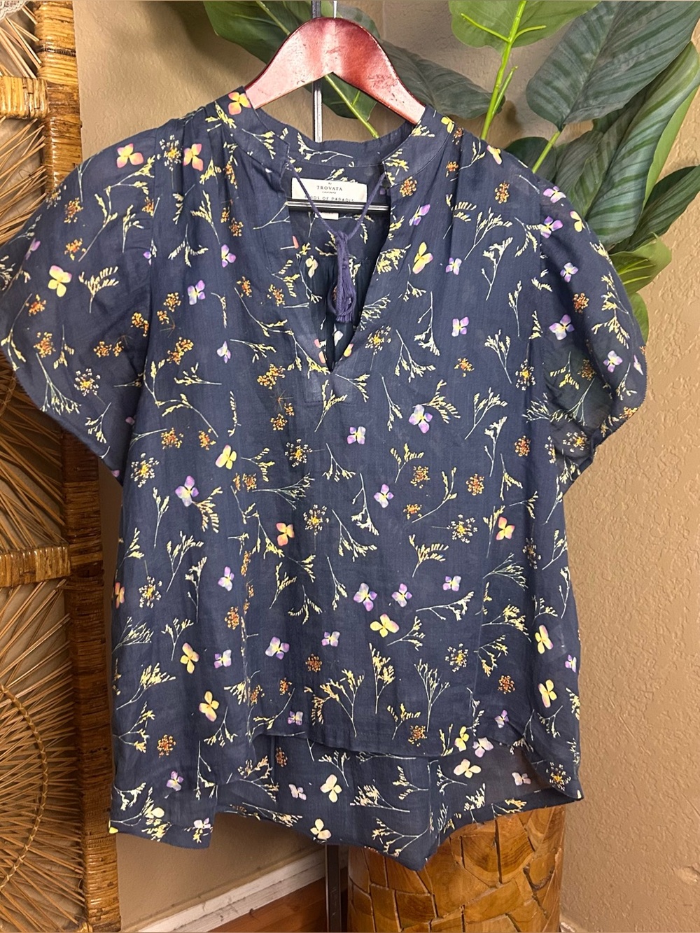 Trovata Birds of Paradise blue floral blouse ramie & cotton small